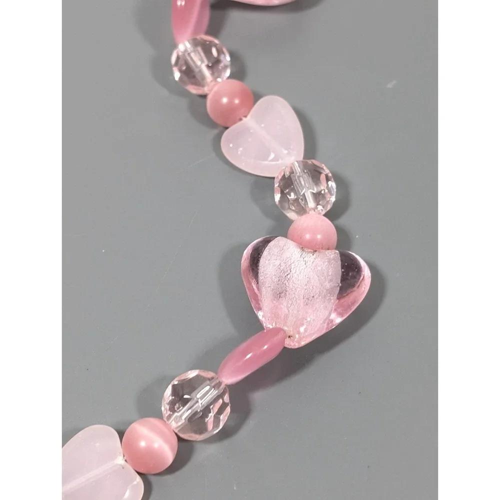 Pink Frosted Glass Heart Multi‎ Chain Paris Charm Necklace 20